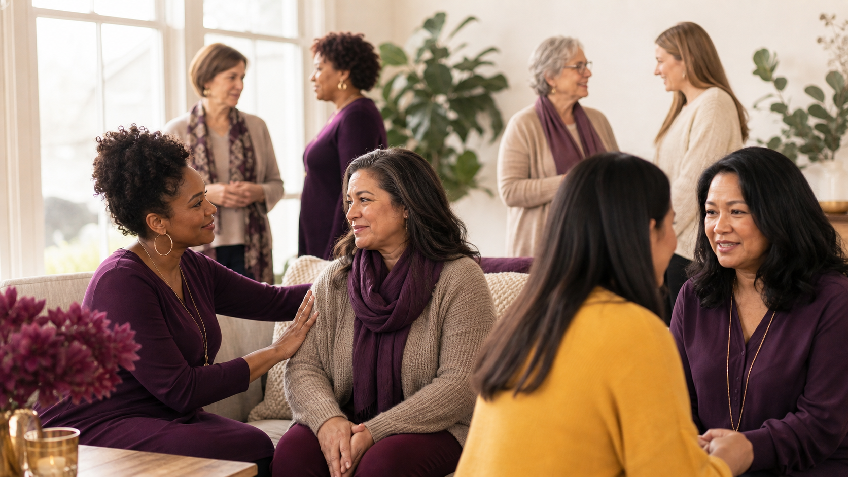 A diverse group of women gathered in warm conversation, mentoring, and community