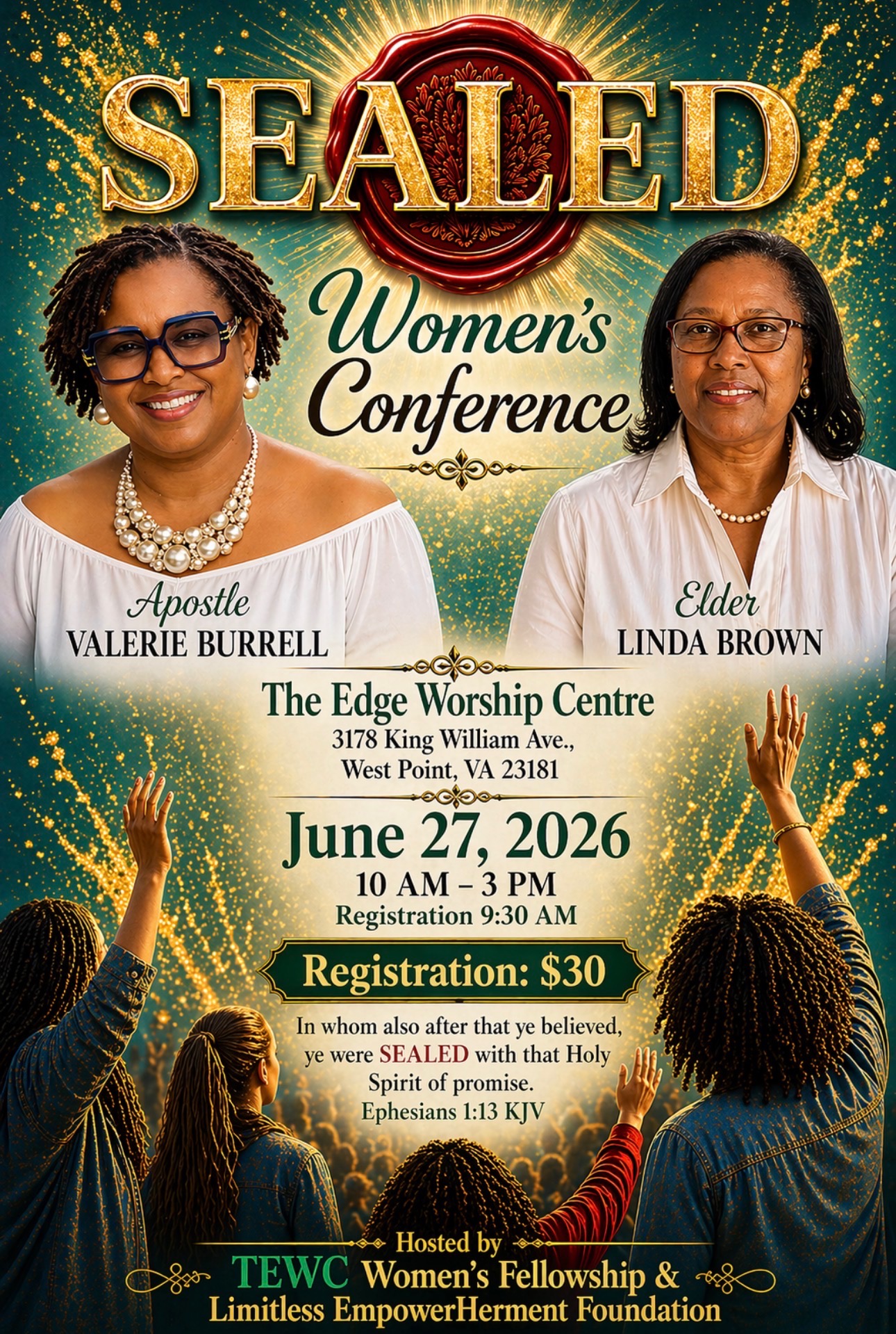 Sealed Women's Conference flyer hosted by TEWC Women's Fellowship and Limitless EmpowHERment Foundation